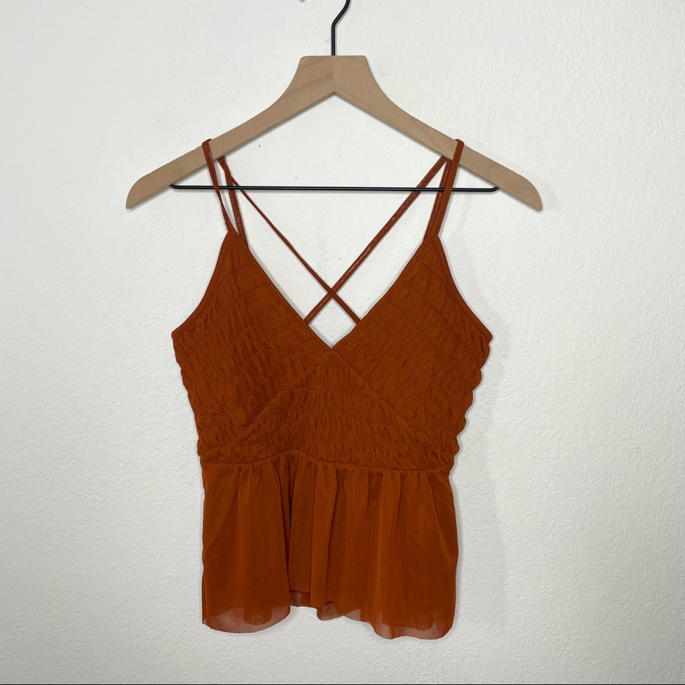 Anthropologie Mesh V-Neck Orange Rust Smocked Tank Top Size XS NWT